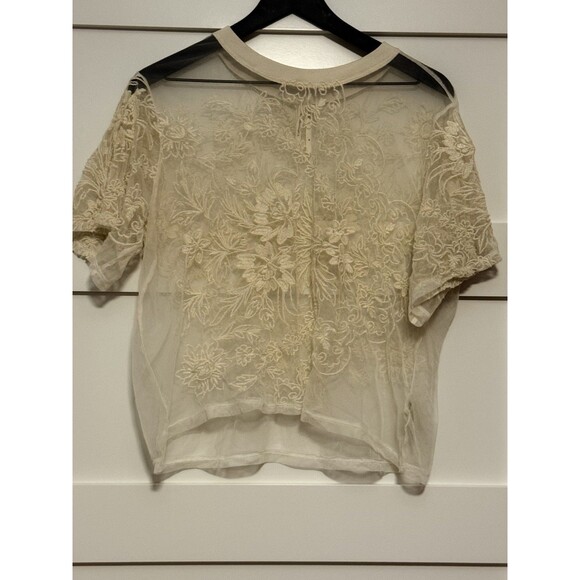 Anthropologie Short Sleeve Embroidered Mesh Top Ivory Size M - Picture 7 of 8